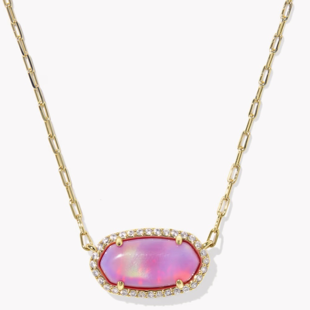 kendra scott elisa pave frame pink opalescent resin gold short pendant necklace